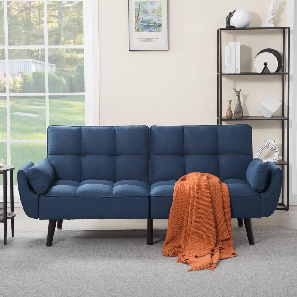 Linen Convertible Futon Couch Bed with Adjustable Backrest, Blue