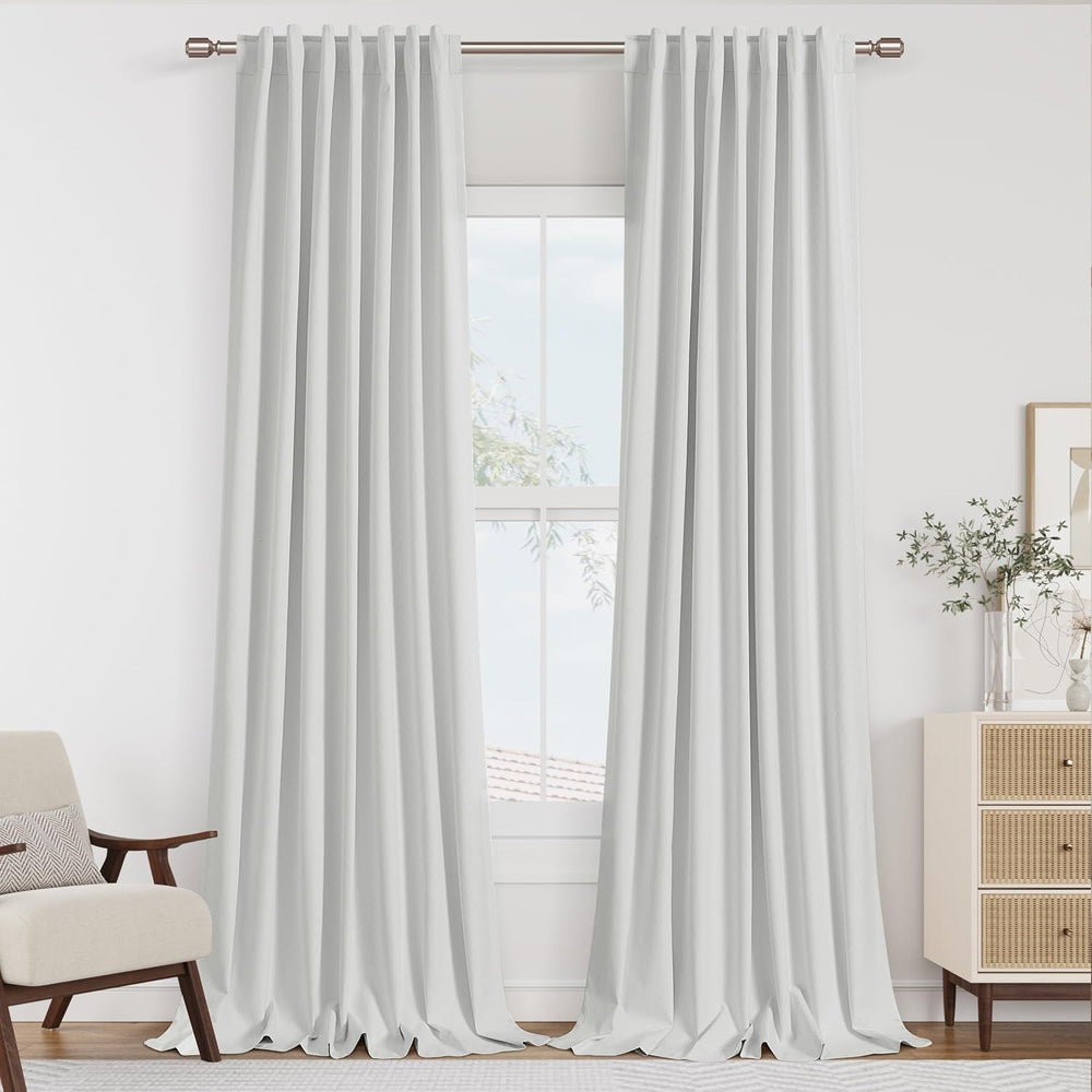 100% Blackout Linen Curtains 84 Inch Long for Bedroom 2 Panels White
