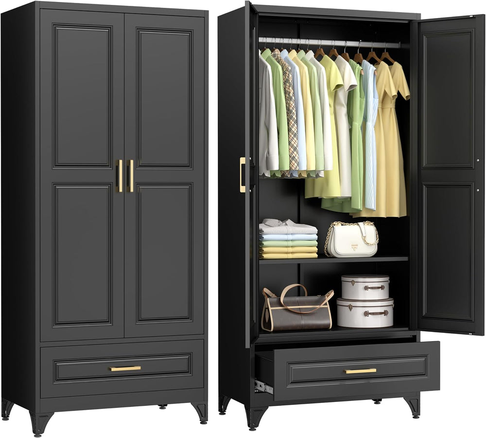 Polup 71" Black Metal Armoire Wardrobe Closet with Doors and 1 Drawer