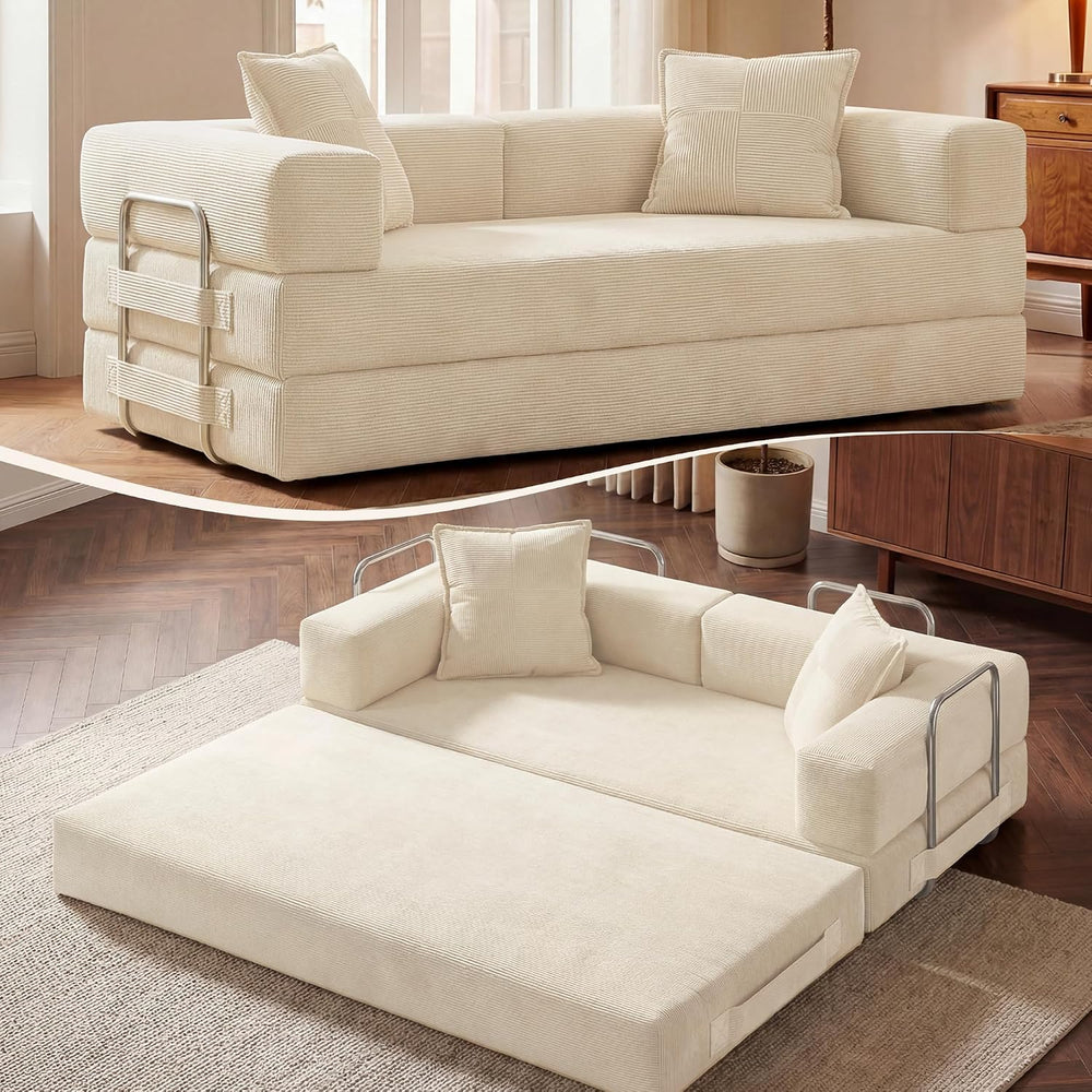 GRUSIGN 78" 5-in-1 Convertible Futon Sofa Bed, Boneless Corduroy, Beige