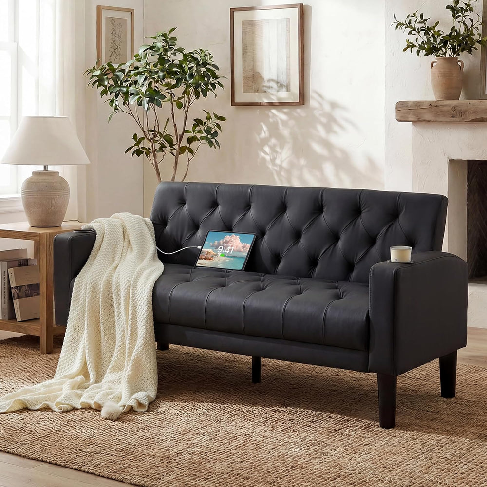 TYBOATLE 62'' Black Leather Loveseat, Small Couch with USB for Living...