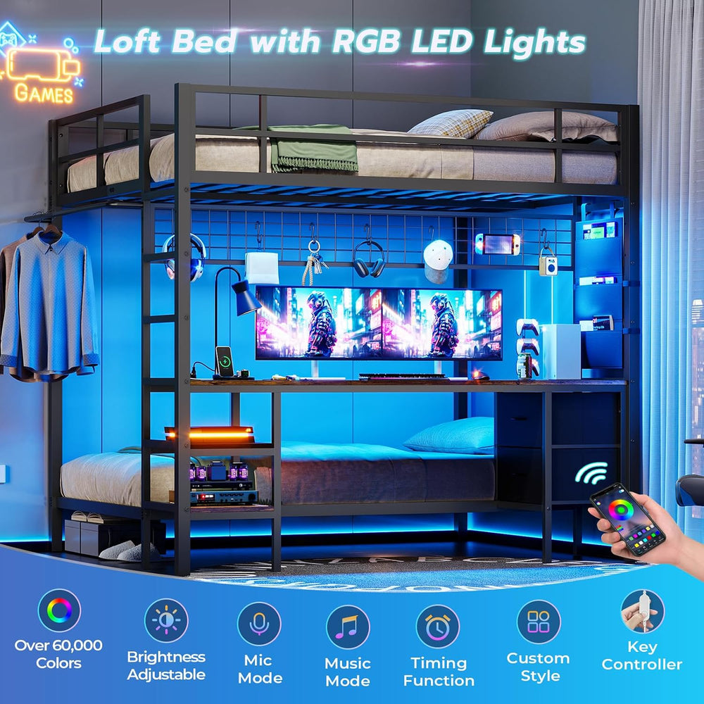 Bunk Bed Full Over Twin with Desk, Led Lights and Charging Station,Black