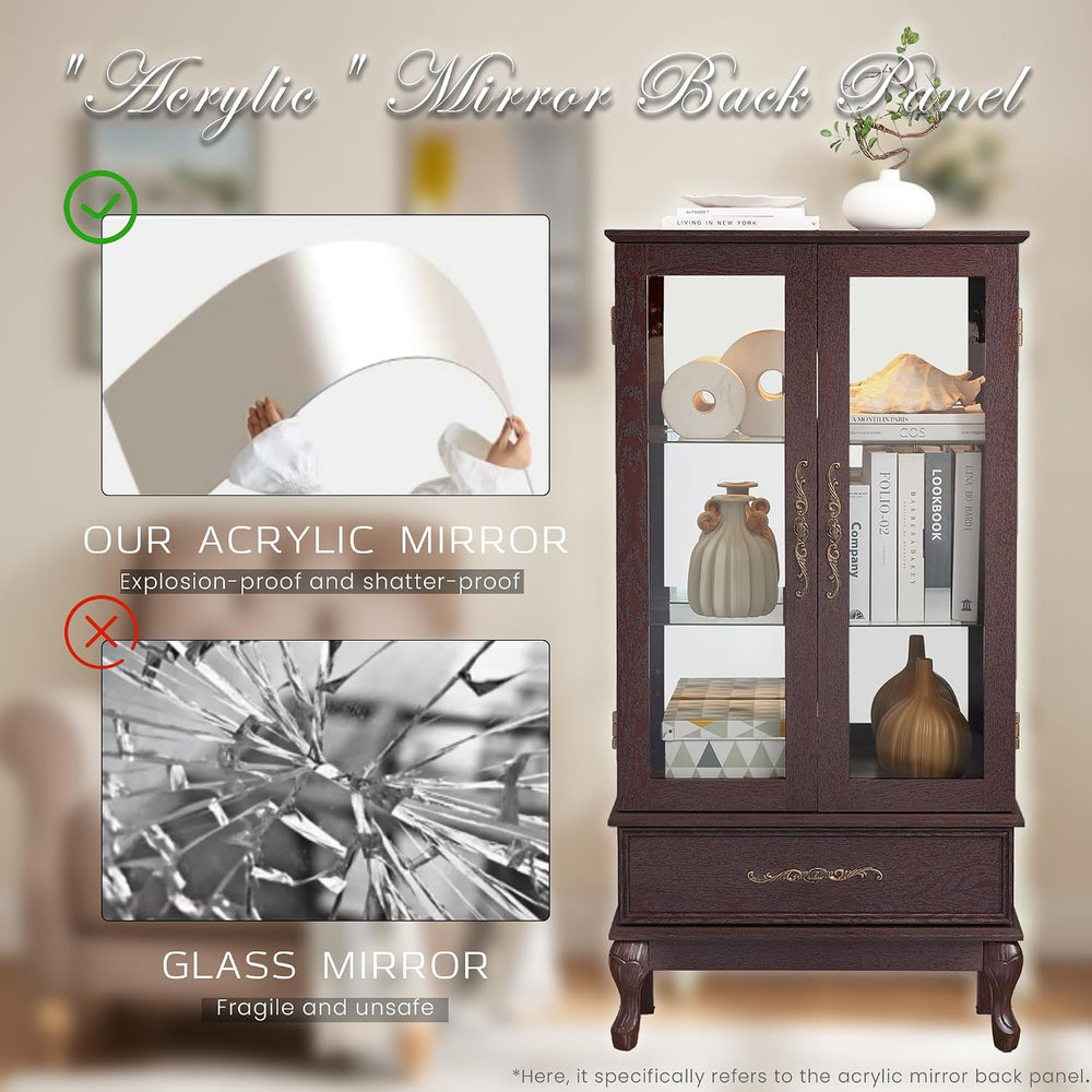 52" Lighted Accent Curio Cabinet, 3-Tier Antique Storage Cabinet with Te...