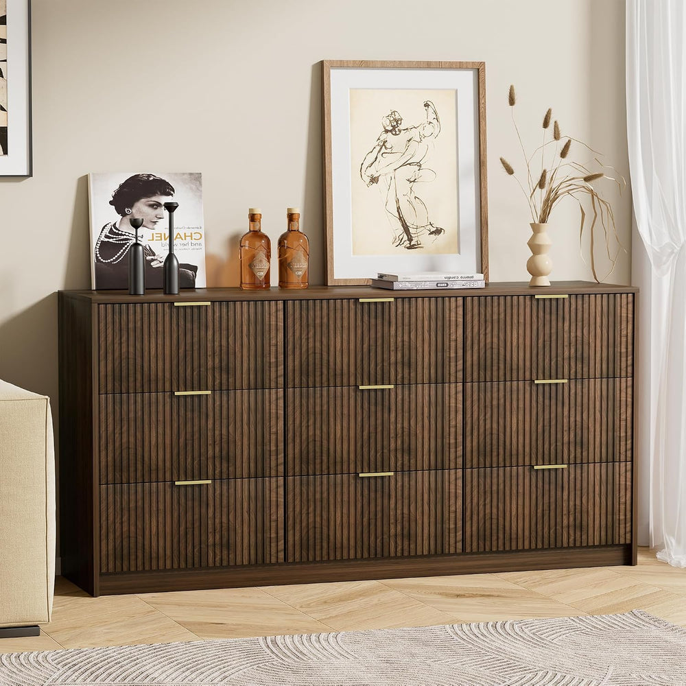 Furniway Walnut 9 Drawer Dresser for Bedroom, 63" Wide Fluted Wood Dresser