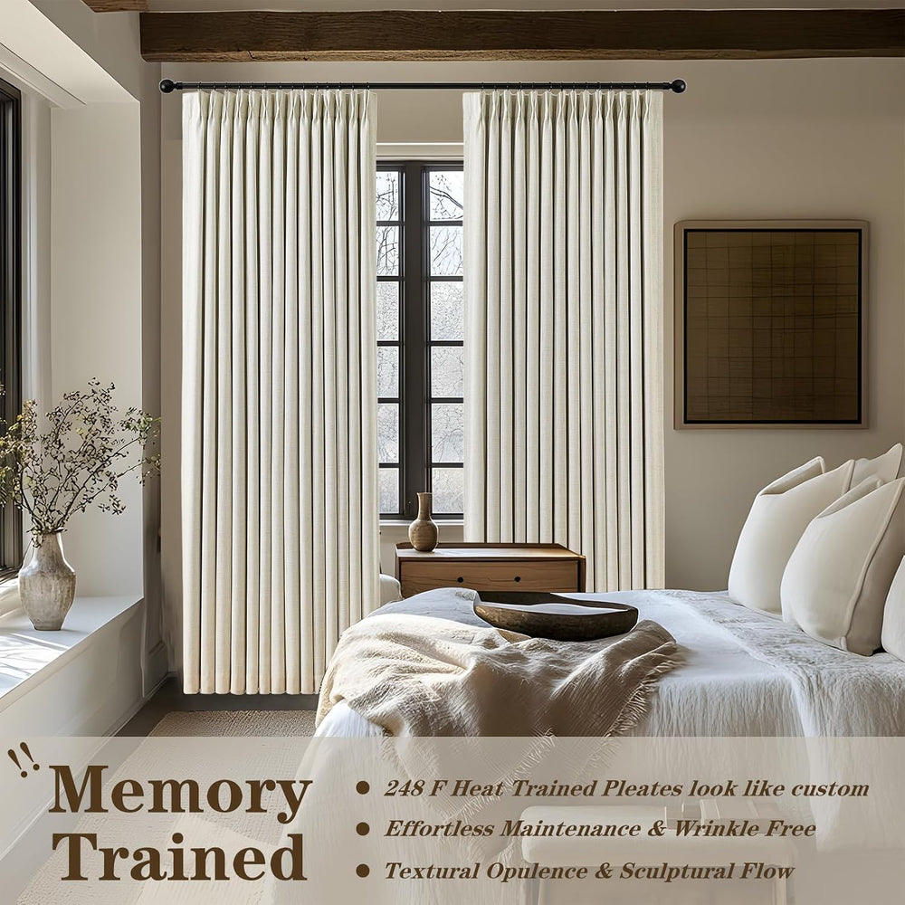 Natural Pinch Pleated 100% Blackout Linen Curtains 90 Inch Length
