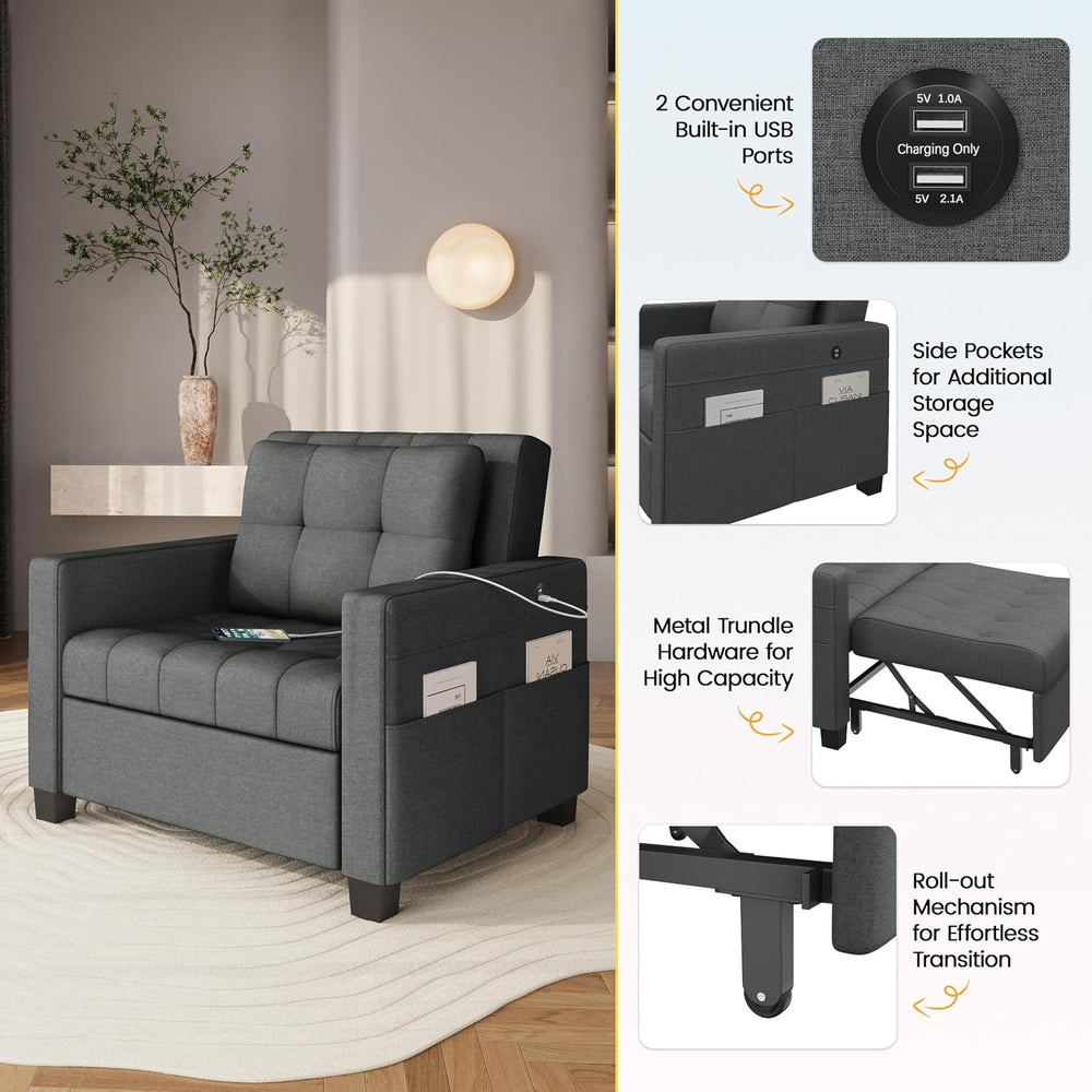 Yaheetech Sleeper Chair, Converts to Bed with USB Ports & Pocket, Dark Gray