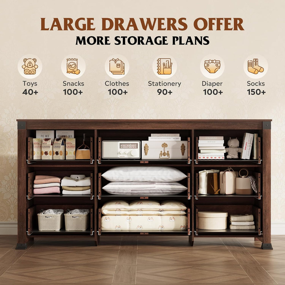 WLIVE Brown Dresser for Bedroom, 9 Drawer Wooden Chest of Drawers with SGS-Te...
