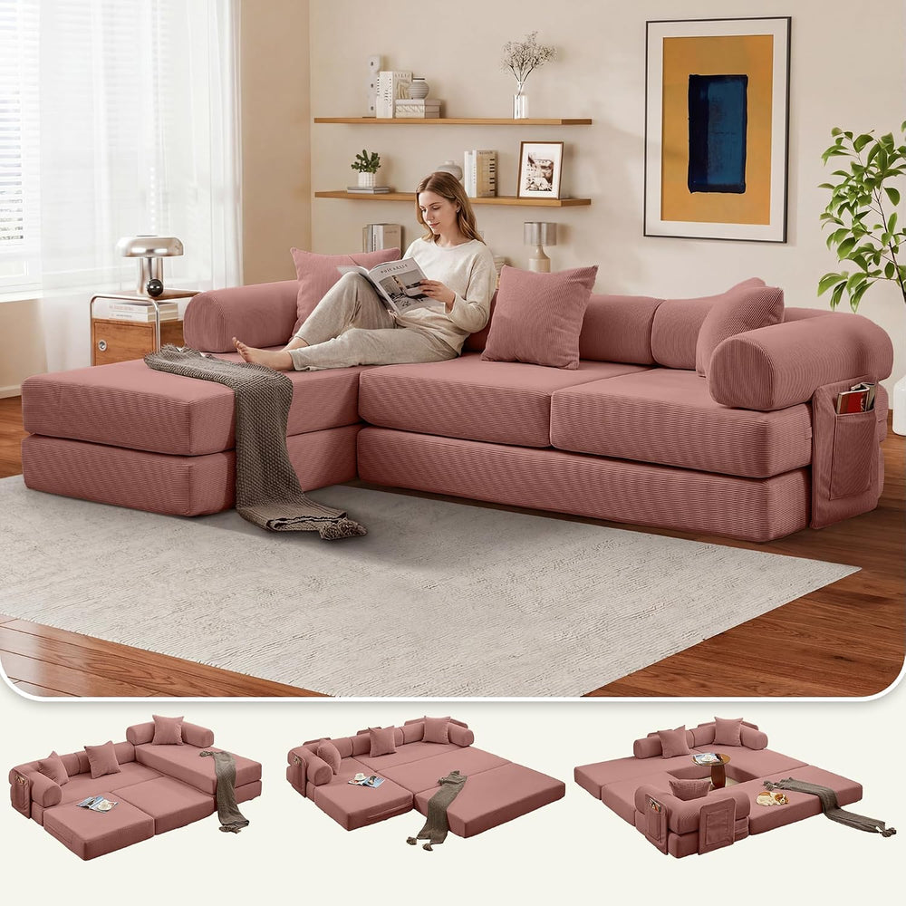 107" Modular Sectional Sofa Bed, L-Shape Corduroy Boneless Couch, Pink