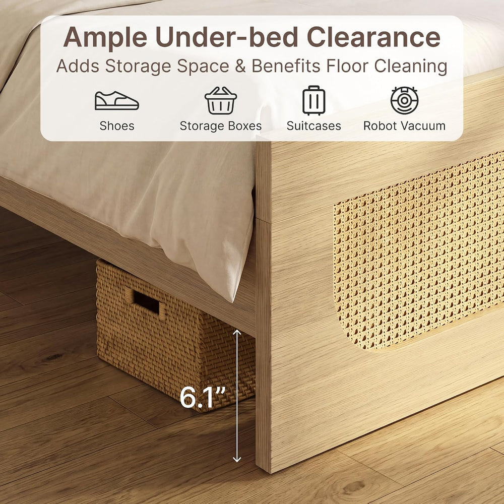 KISLOT Boho Rattan Bed Frame, Farmhouse Platform, Natural, Queen