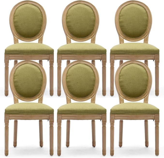 Linen Upholstered Dining Chairs Set of 6 French Country Oval Fabric Back Kitc...