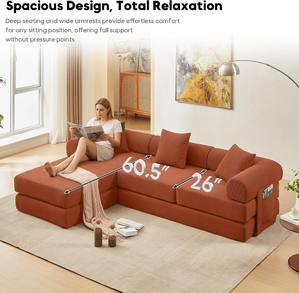 107" Modular Sectional Sofa Bed, L-Shape Corduroy Boneless Couch, Orange