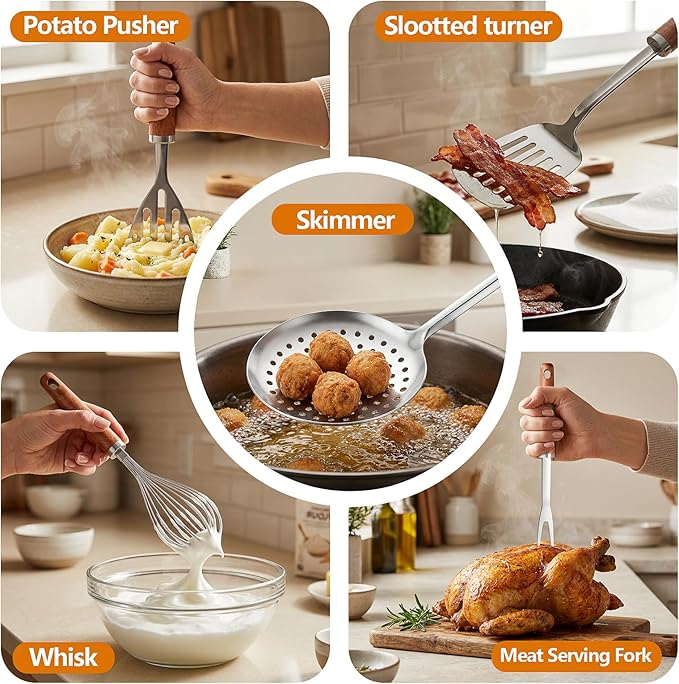 9PCS 18/8 Stainless Steel Kitchen Utensils Set, Heavy Duty Wooden Handle