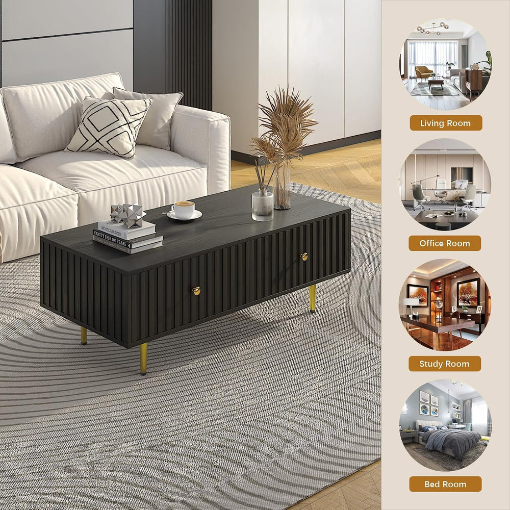 HedoAjim Modern Coffee Table with Storage with 2 Big Drawers, Black Rectangle...