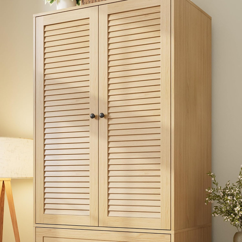 GarveeHome Armoire Wardrobe with Drawers, Wooden Closet, Hanging Rod, Oak