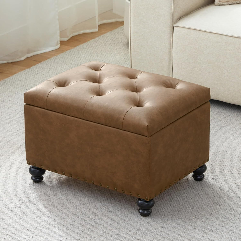 Zihanhome Leather Ottoman with Storage, Upholstered Button Tufted Ottoman Foo...