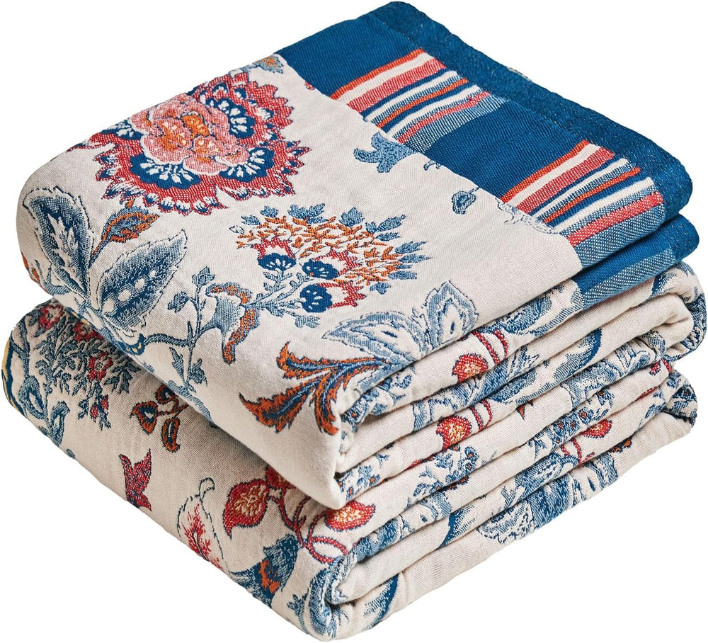 MSGKV Boho Throw Blanket 90"x90" 100% Cotton Floral Blanket