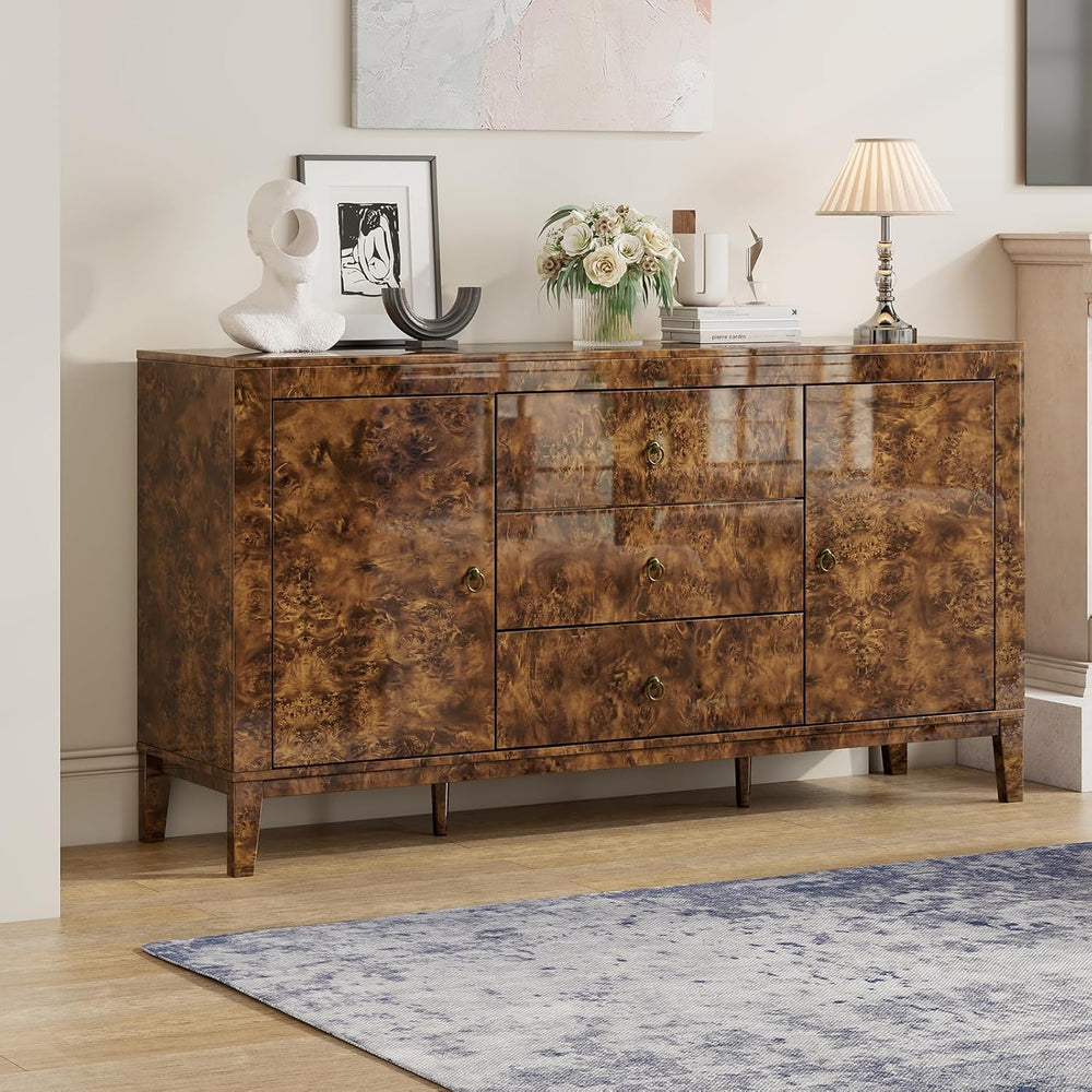60" Glossy Burl Wood Sideboard Buffet with Storage