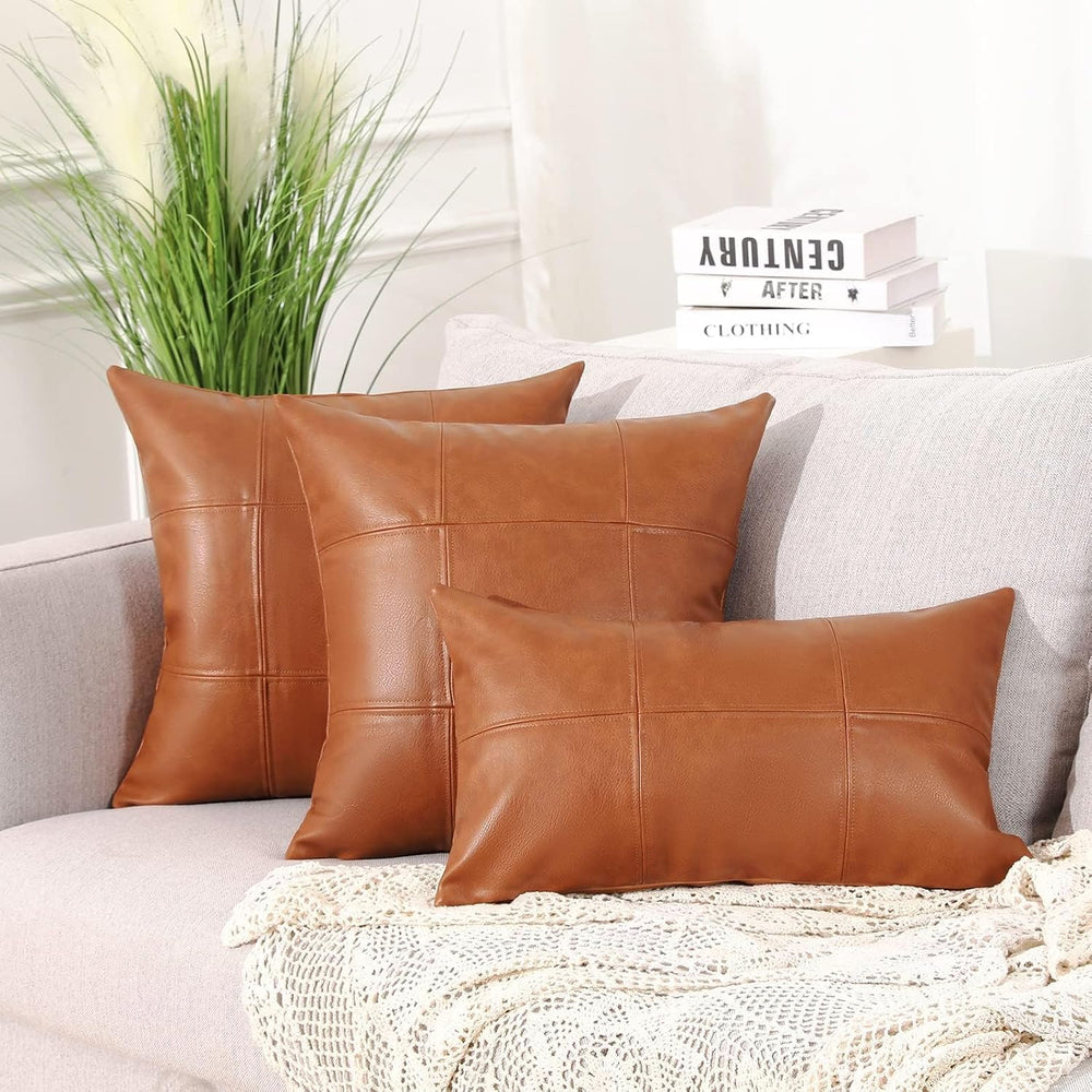 MANDIOO Set of 2 Classic Plaid Faux Leather Decorative Throw Pillow Covers,Ha...