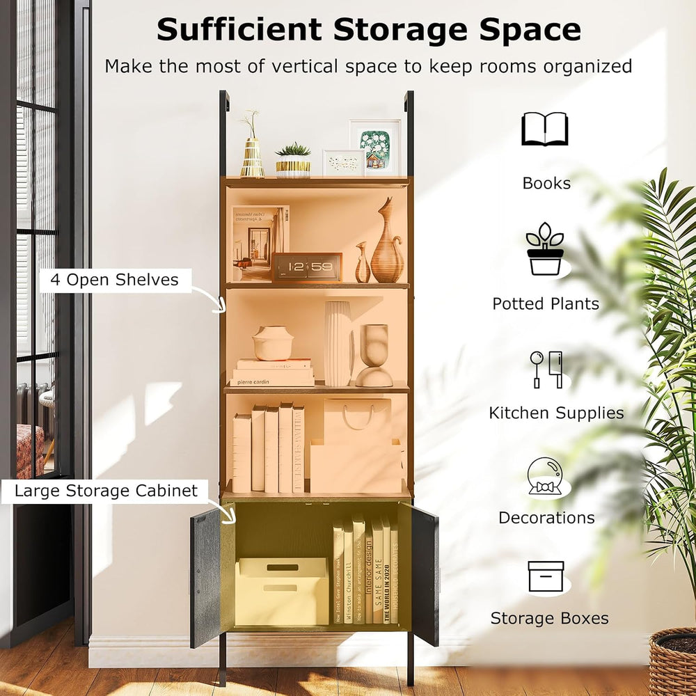 Giantex 72.5" Ladder Bookshelf with Cabinet, 5-Tier Tall Wall-Mounted Sh...