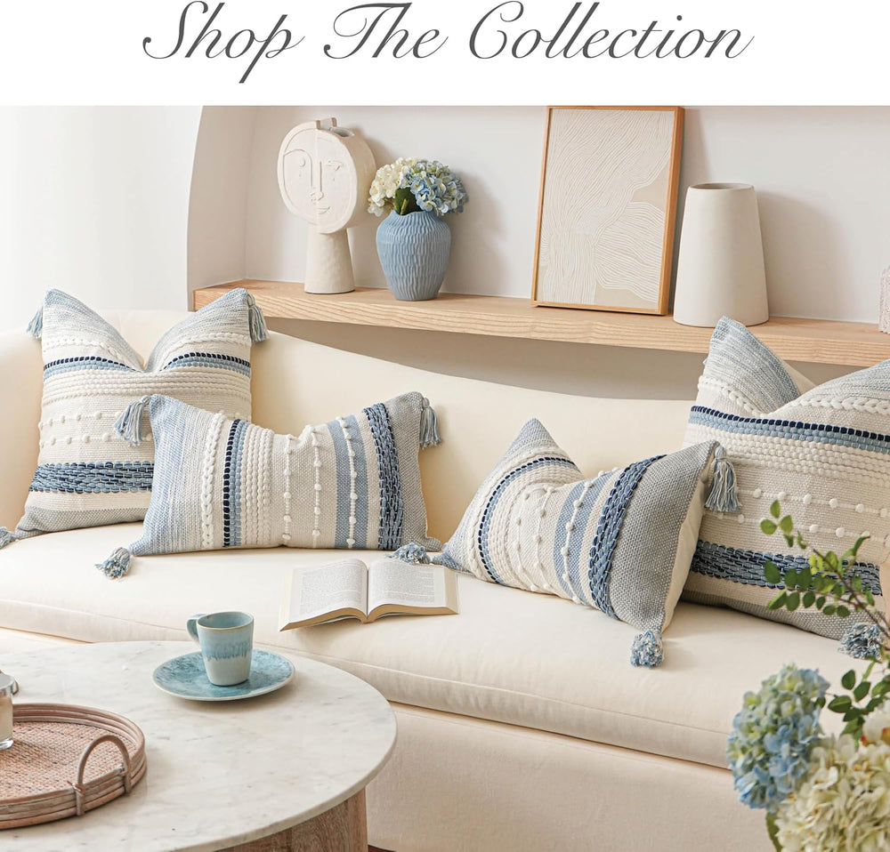 BlissBlush Coastal Blue Decorative Lumbar Pillow Cover 14x36 Boho Long Body P...