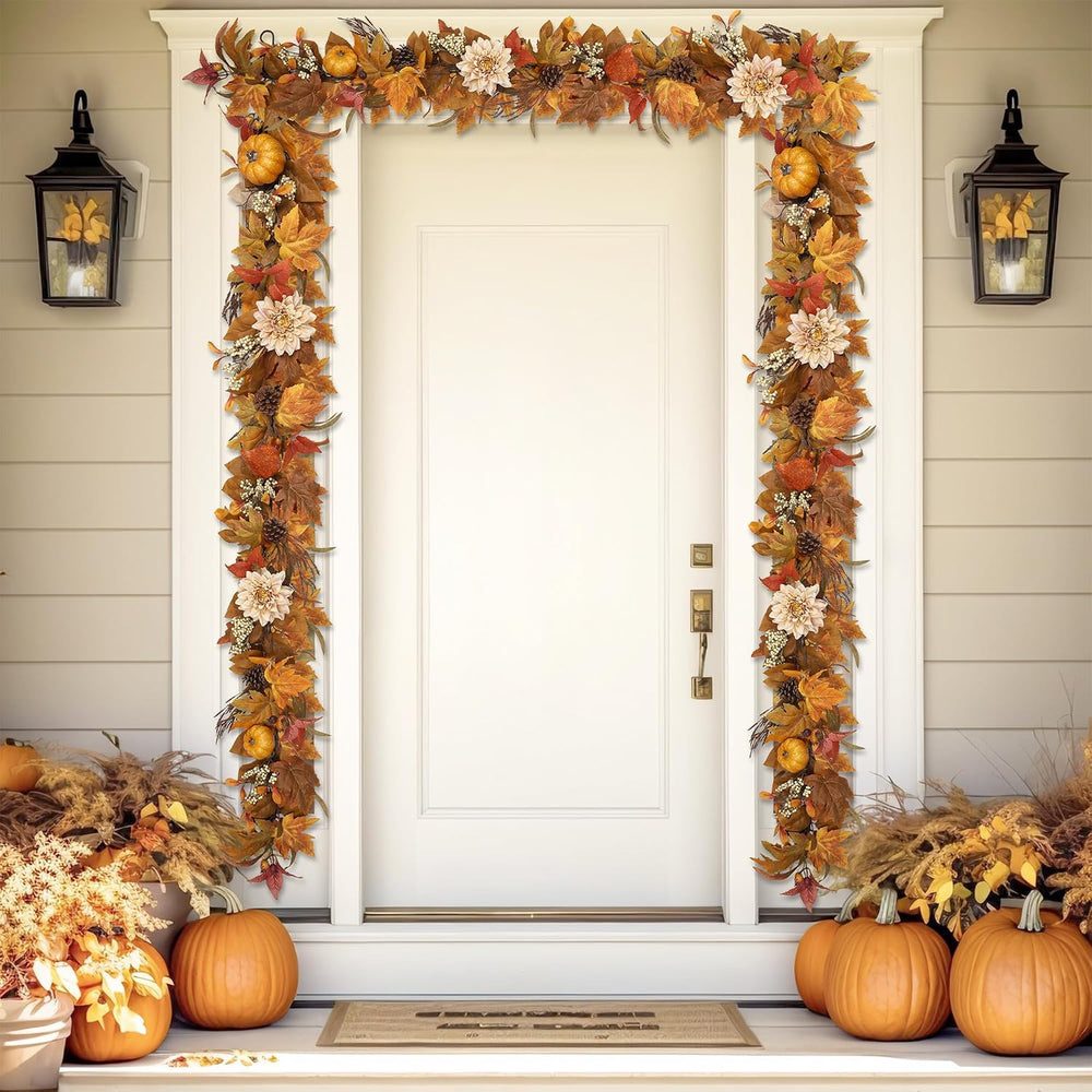 Fall Garland 6Ft Lifelike Autumn Maples Leaf Pumpkin Garland with Berries Pin...