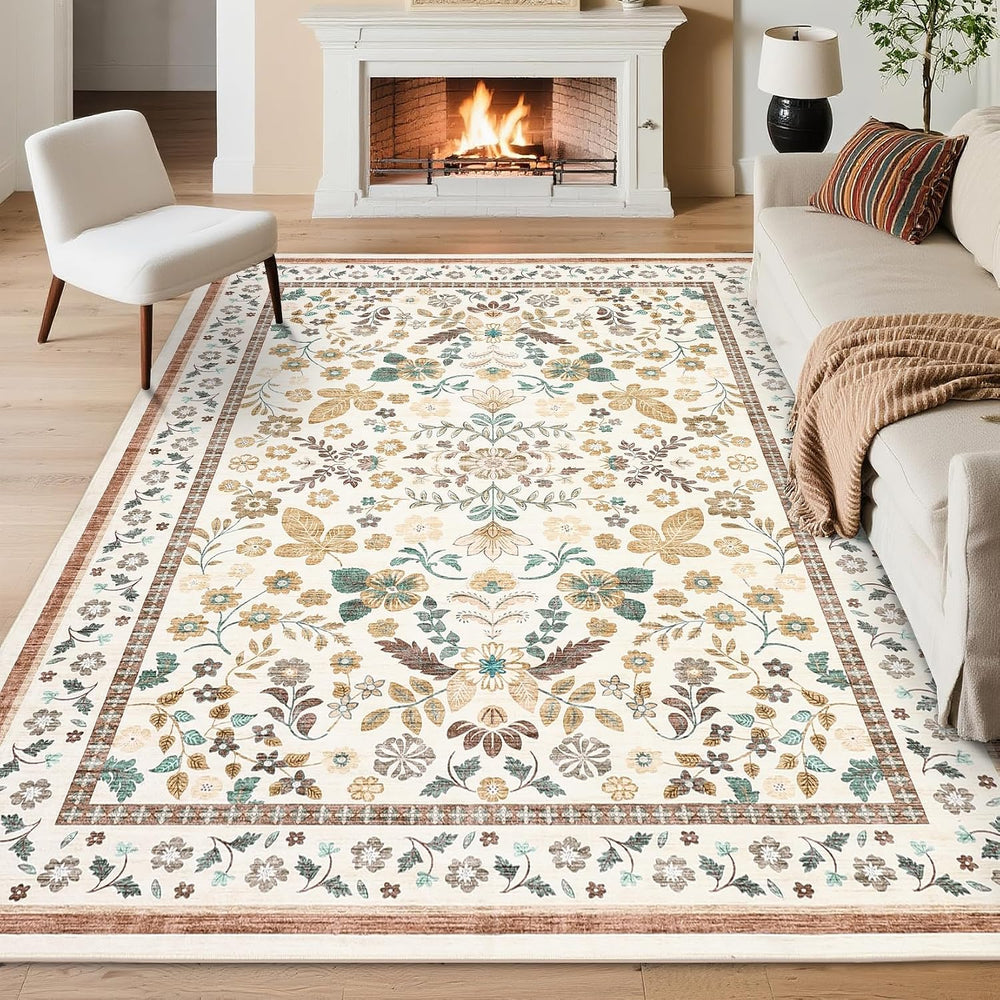 GarveeHome Floral Area Rugs 5x7 for Living Room Machine Washable Beige