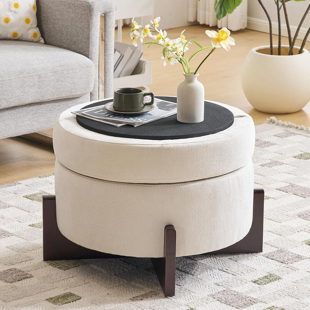 26Inch Round Storage Ottoman, Modern Chenille Upholstered Ottoman with Storag...