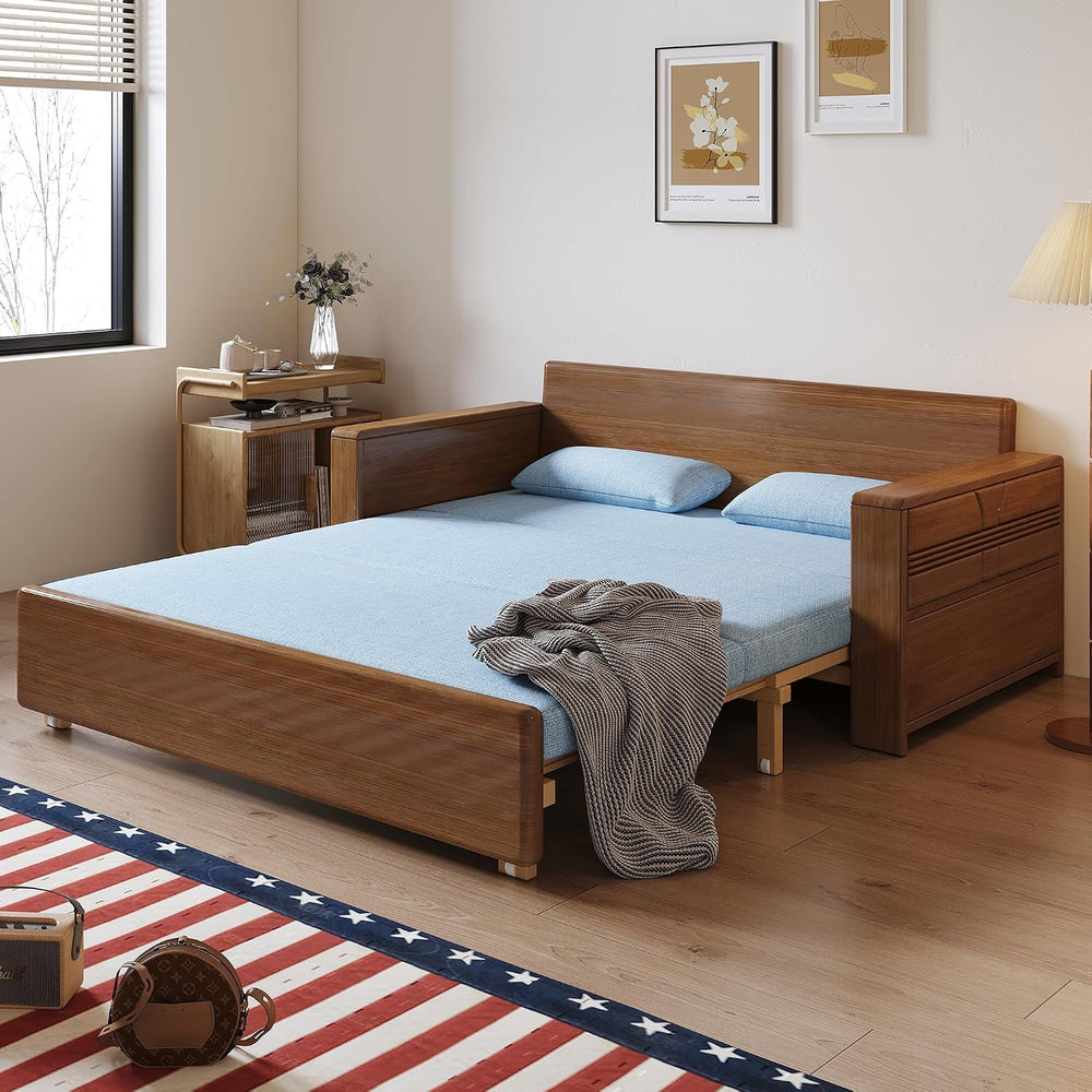 71" Solid Wood Walnut Frame Sectional Sleeper Sofa, 3-in-1 Pull Out Bed
