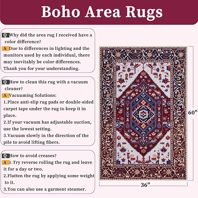 SERISSA Area Rug 3x5 Boho Rugs for Bedroom, Washable Non-Slip Living Room Rug