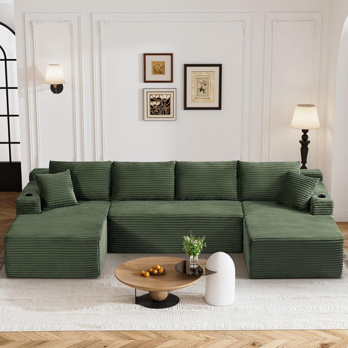 133" U-Shaped Modular Sectional Sofa, Corduroy Boneless Couch, Green | Cloud Luxury Comfort, Couches for Living Room, Storage & Cupholder, Oversized Sofa, Deep Seat, No Assembly Required