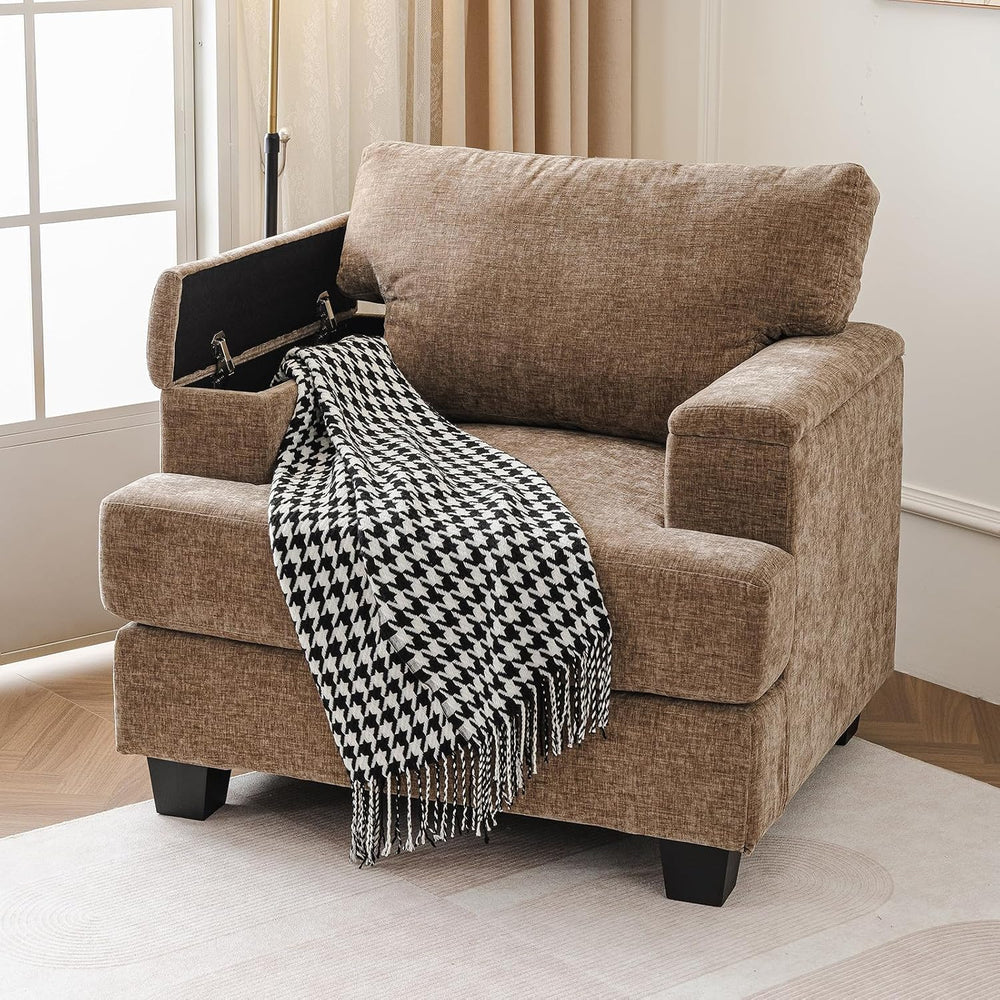 Rexulqo Oversized Accent Chair with Armrest Organizer,Chenille,Brown