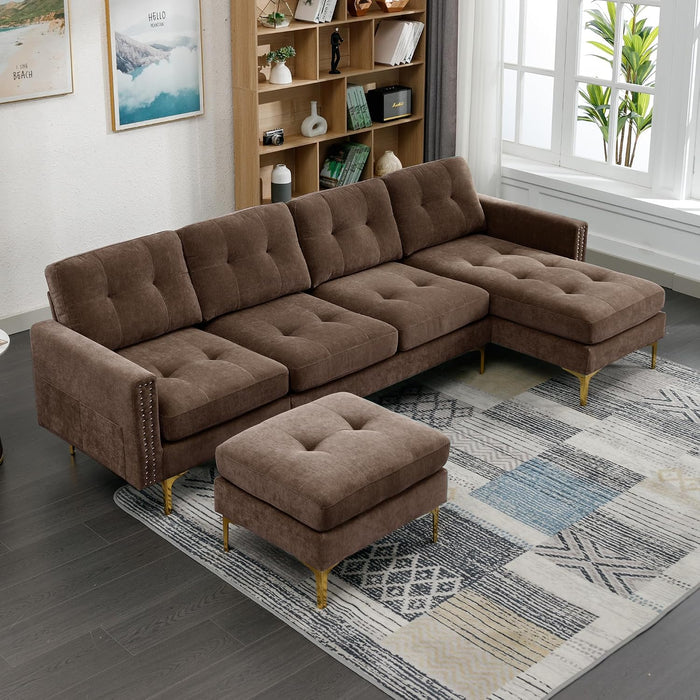 P PURLOVE Velvet Modern Large Sectional Sofa, U Shape Upholstered Couch with Chaise, Convertible Sofa Couch with Movable Ottoman for Living Room Apartment (Brown)
