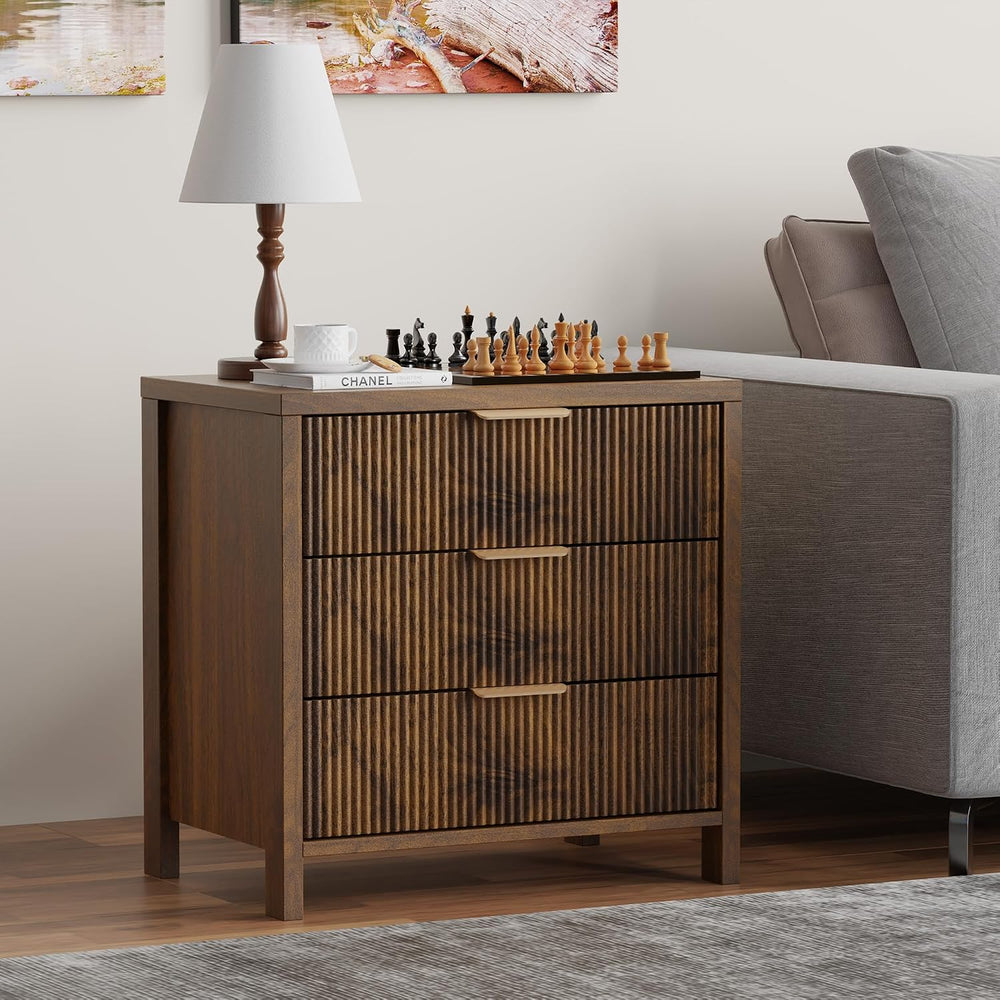 Fluted Nightstands Set of 2, 23.7'' Wide Night Stand with 3 Drawers, ...