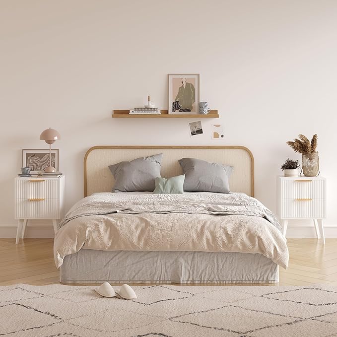 Fluted Nightstand with 2 Drawers,Modern Bedside Table with Metal Handles,Whit...