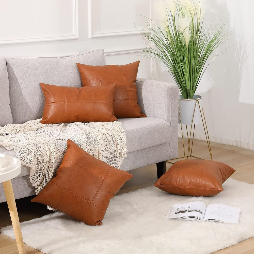 MANDIOO Set of 2 Classic Plaid Faux Leather Decorative Throw Pillow Covers,Ha...