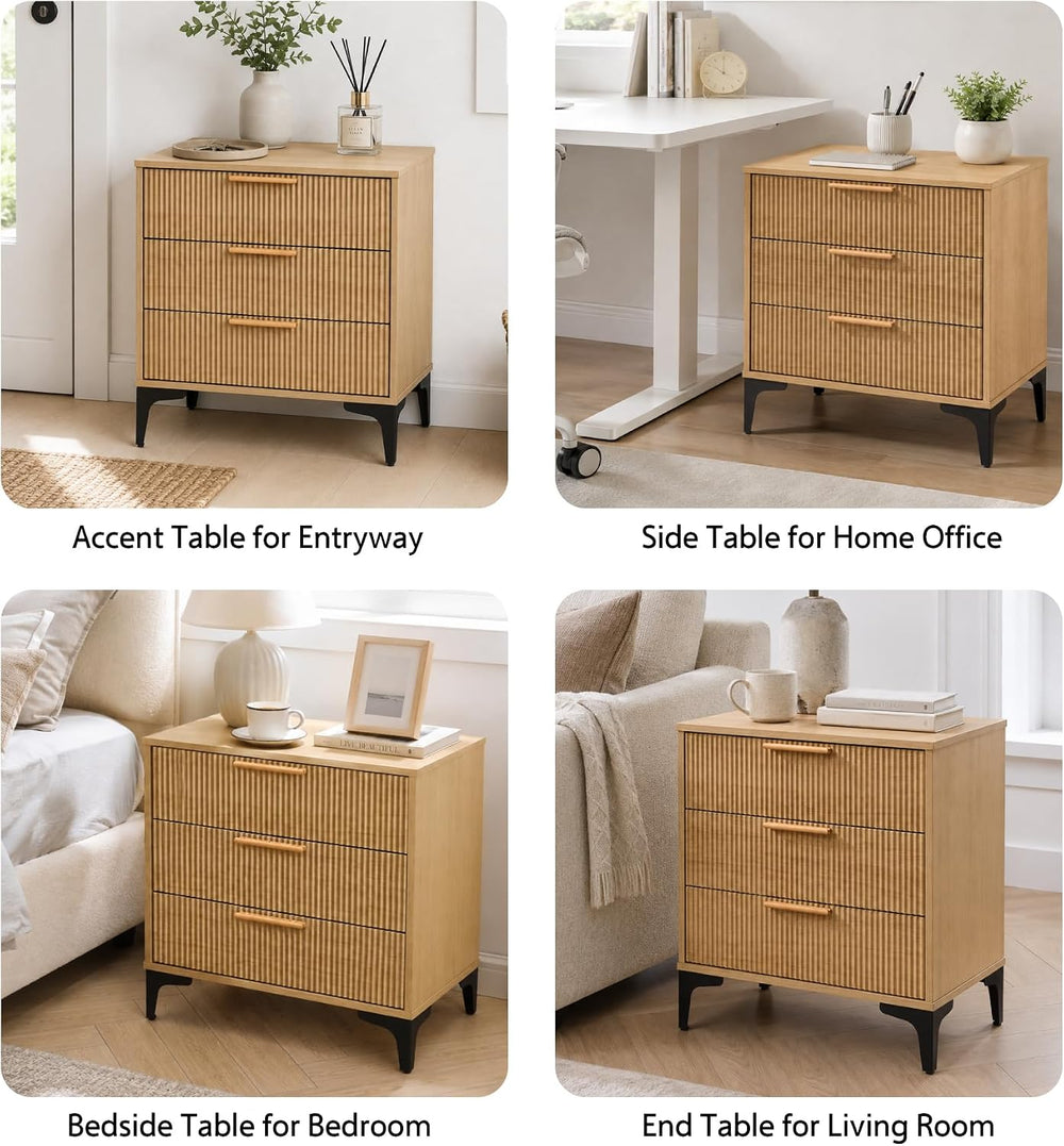 Fluted Nightstand, 23" Wide Accent Side Table with 3 Large Storage Drawers
