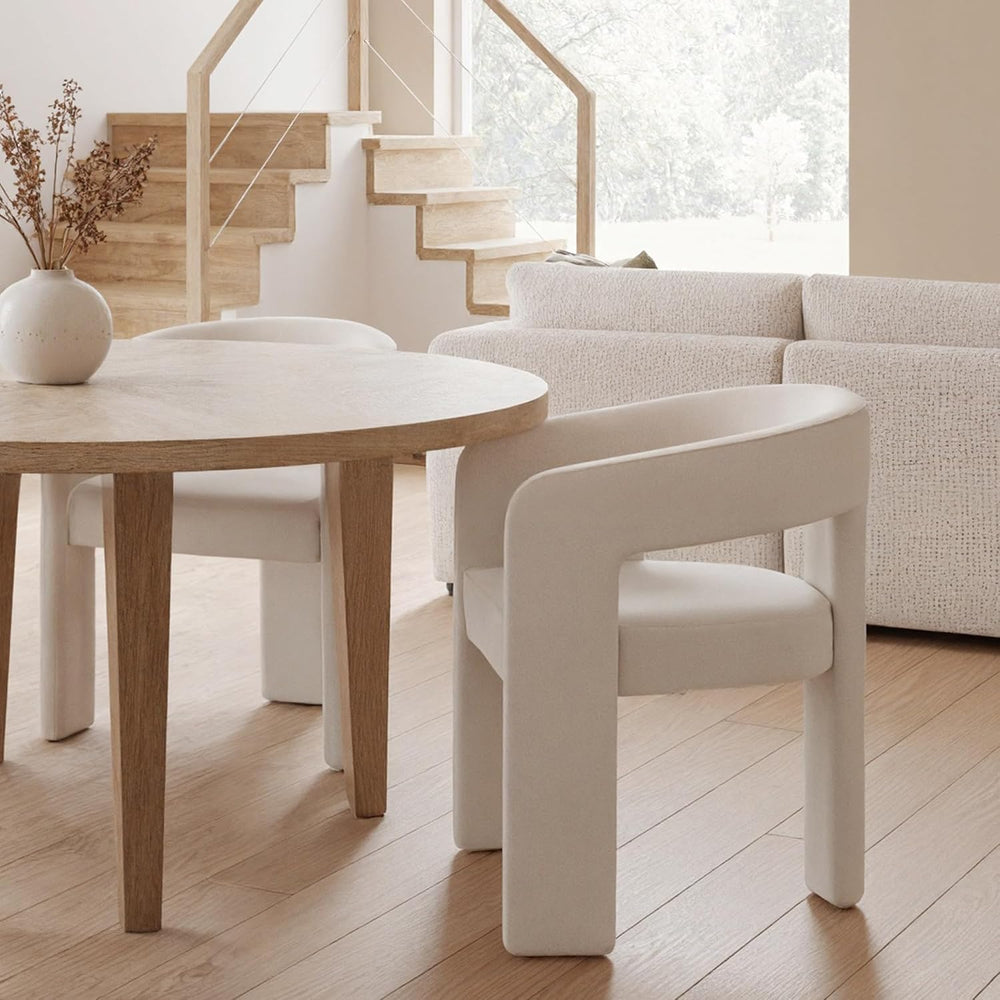 HNY Modern Linen Barrel Dining Chairs Set of 2, Ivory