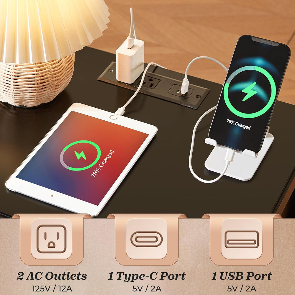 Huuger Nightstand with Charging Station, Black Nightstand with 2 Drawers, Bed...