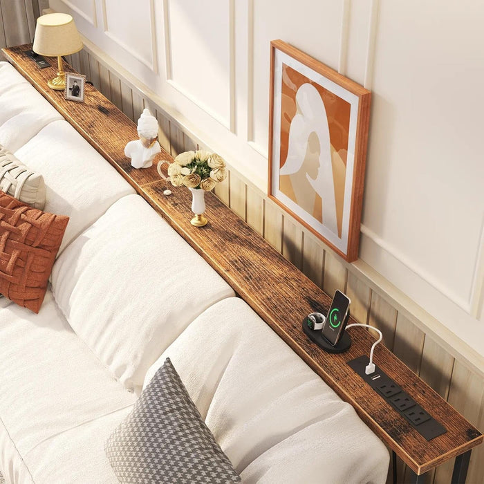 78.7’’ Narrow Console Table with 26"–34" Height Adjustable, Behind Couch Table Skinny with 2 Power Outlets and USB Ports, Long Sofa Tables for Living Room and Small Spaces, Rustic Brown
