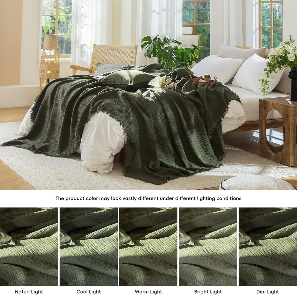 MooMee 100% Cotton Muslin Blanket, Fringed 4-Layer Gauze Bed Throw Blankets