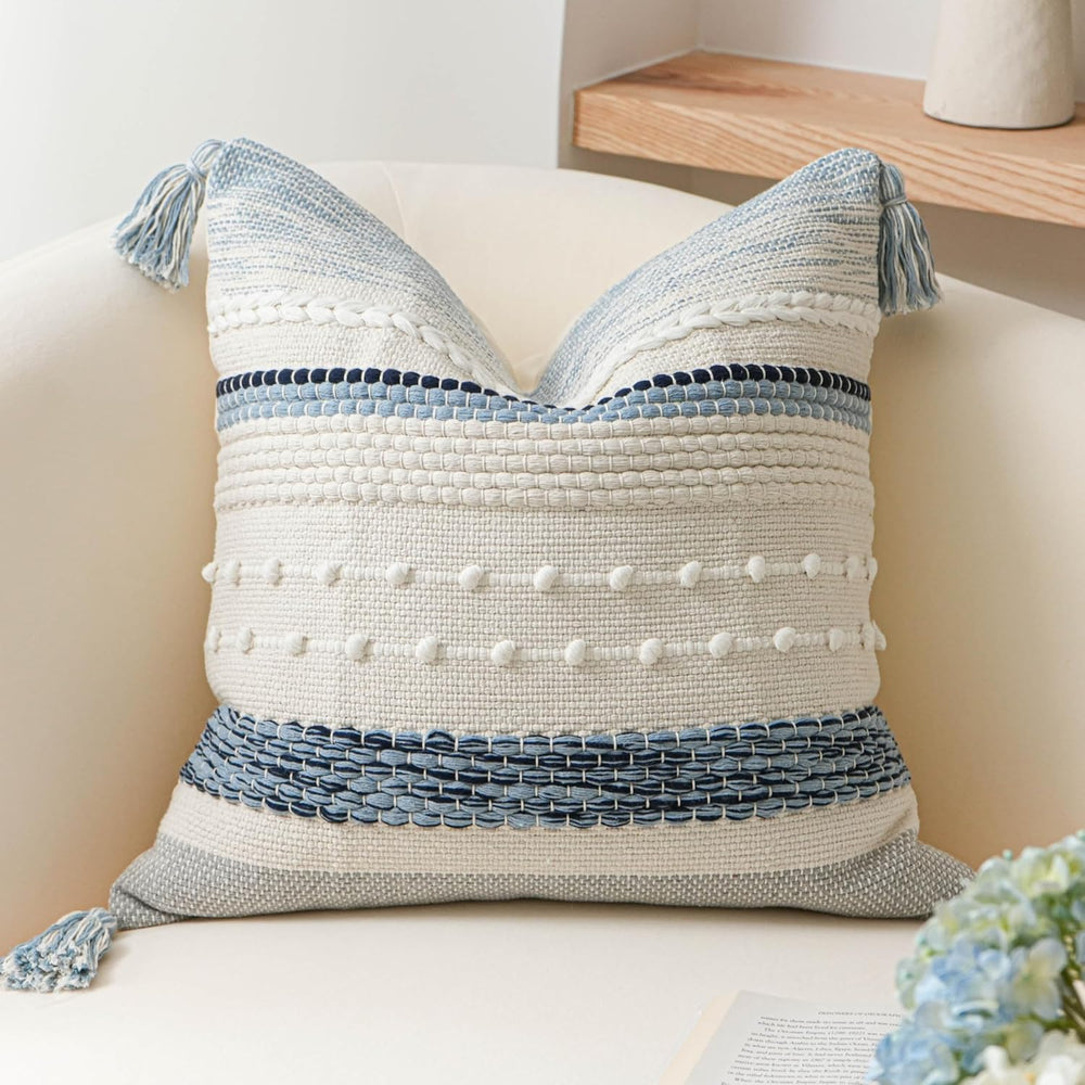 Coastal Blue Boho Decorative Throw Pillow Cover 22x22 Modern Bohemian Accent ...
