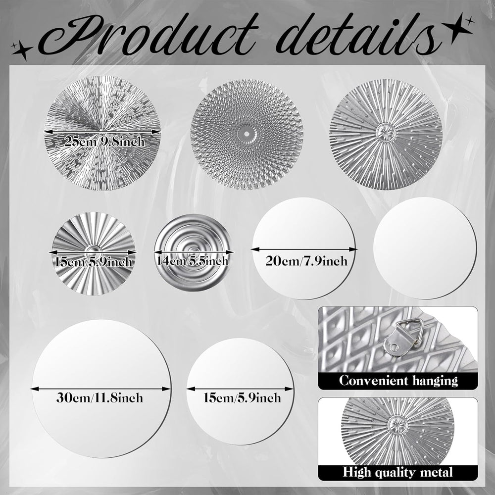 Blulu 9 Pcs Silver Mirror Wall Decor Metal Round