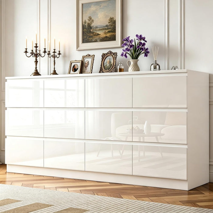 12 Drawers Dresser with Charging Station, Modern Large Dresser with 12 Handle Free Drawers, Wood Chest of Drawers for Bedroom, Living Room, Entryway, Hallway, White