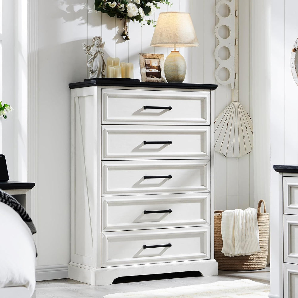 ACCOHOHO Farmhouse 5 Drawers Dresser Chests for Bedroom, Antique White