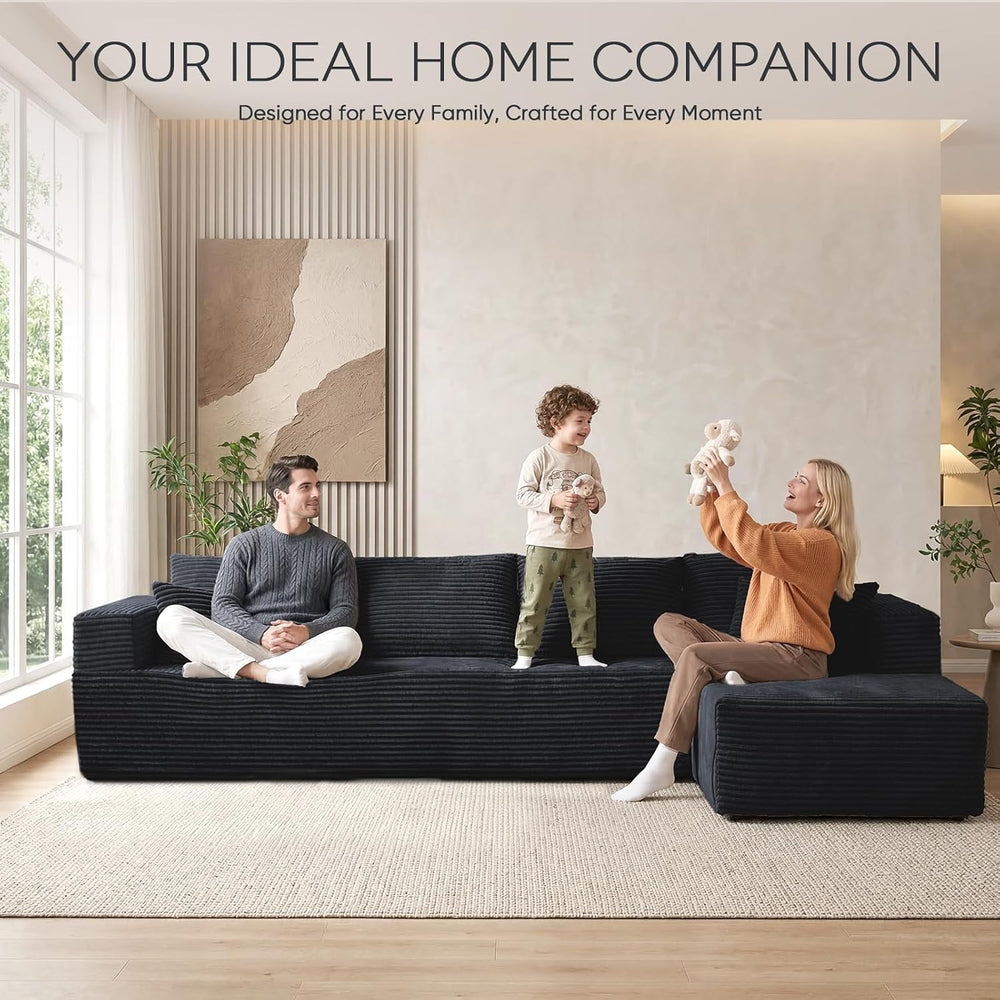 95" Black Corduroy Boneless Modular Sectional Sofa, Cloud-Louch Deep Sea...