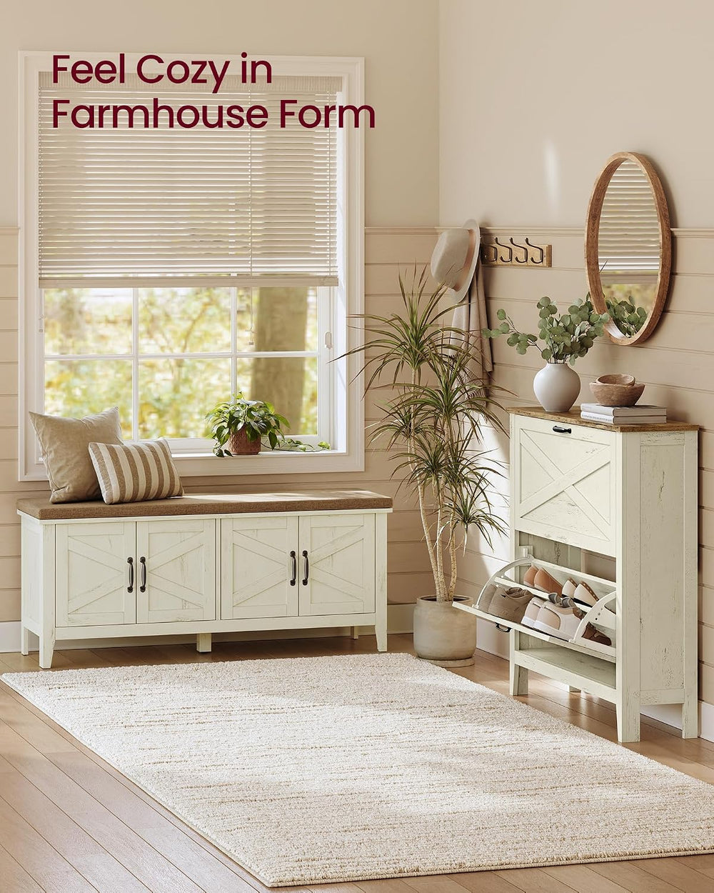 VASAGLE Shoe Bench, Farmhouse Entryway Bench with Cushion, 47.2 inches Wide