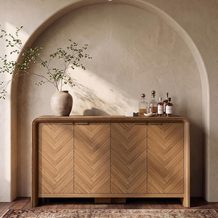 55" Buffet Cabinet with Storage, Herringbone Sideboard Cabinet, Walnut
