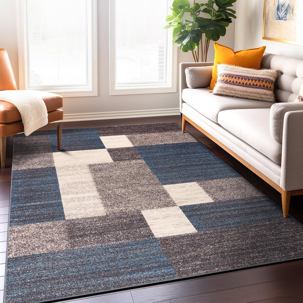 Rugshop Geometric Boxes Non-Slip Contemporary Area Rug Blue 6'6" x 9...
