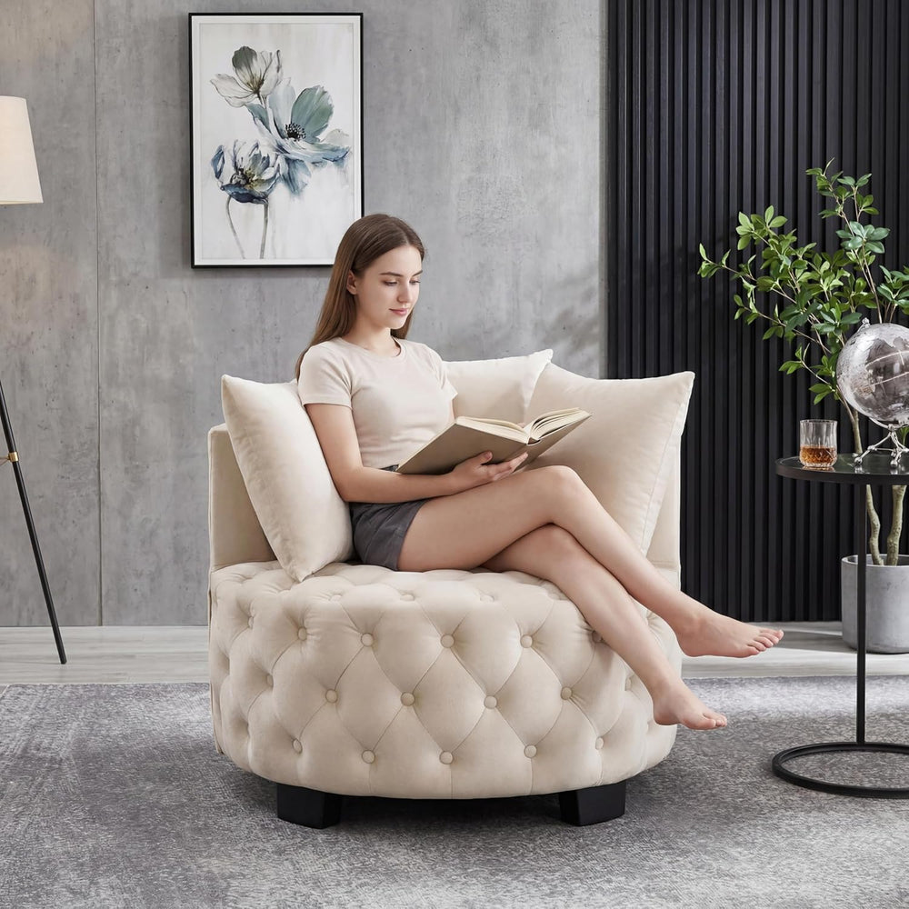 Modern Velvet Round Accent Armchair - 31.25''W Upholstered Button Tuf...
