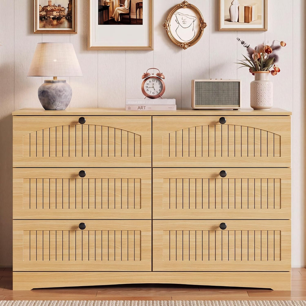 Fluted 6 Drawer Dresser, Wooden Chest of Drawers for Bedroom, Light Oak